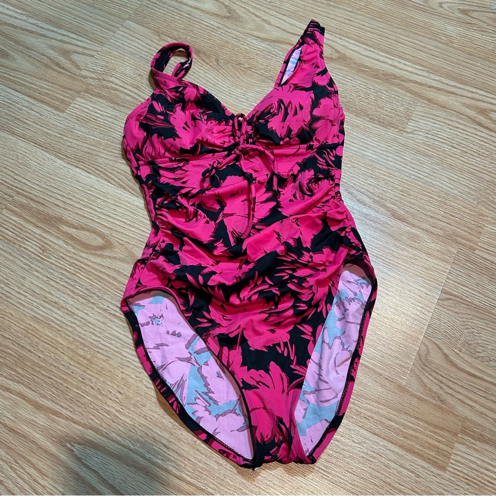 Aqua Green pink‎ and black floral one piece swimsuit small
